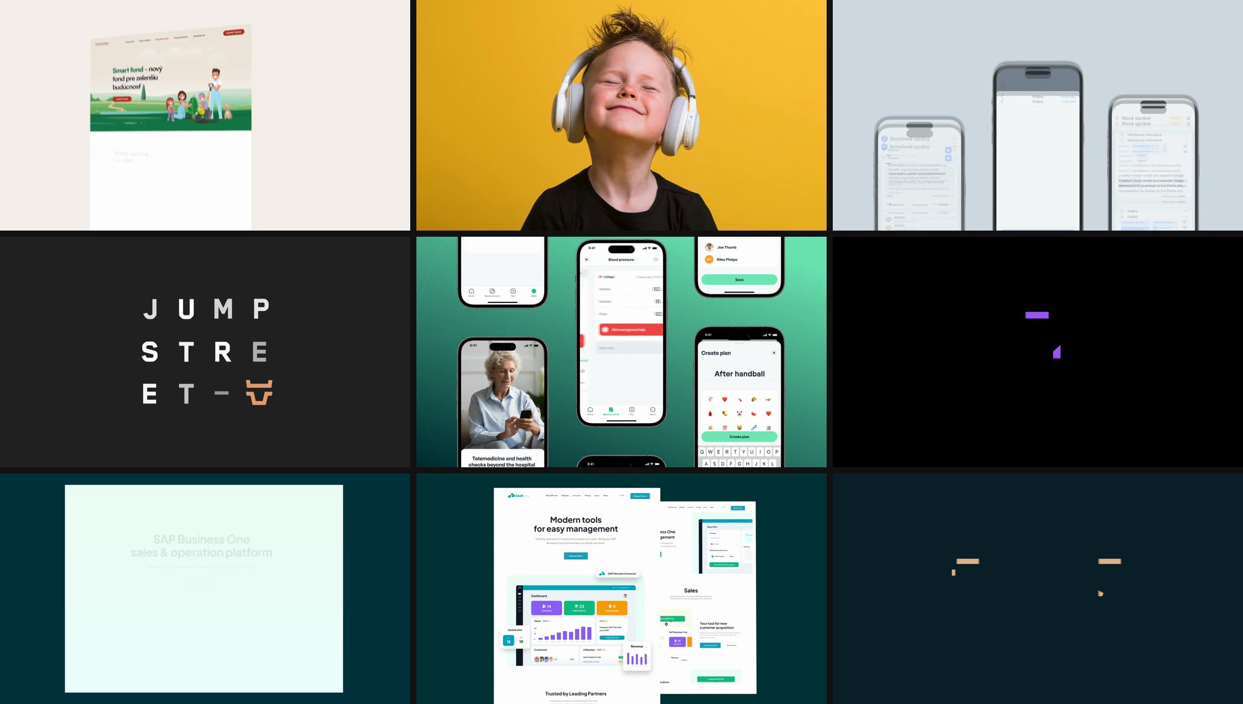 Nine stills from the showreel: websites, apps, brand marks and the team