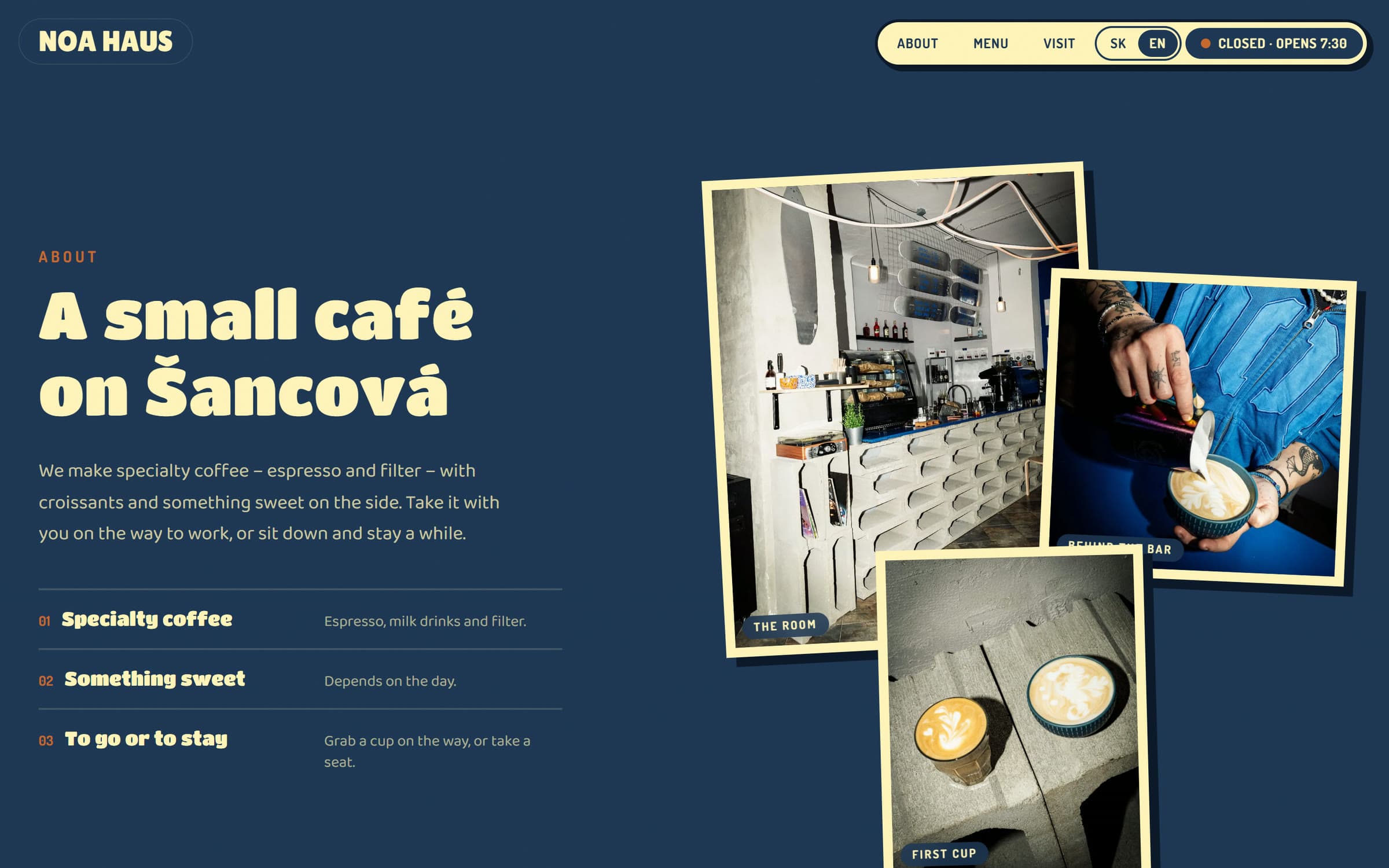 About section: “A small café on Šancová” next to tilted instant photos of the room, a pour and a cup