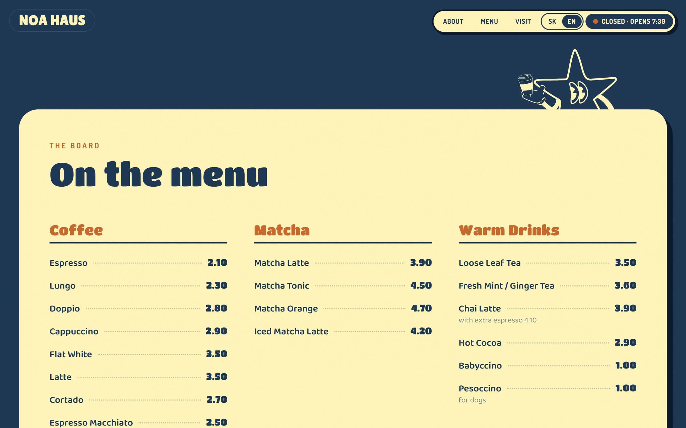 The menu board: coffee, matcha and warm drinks with prices on a cream card