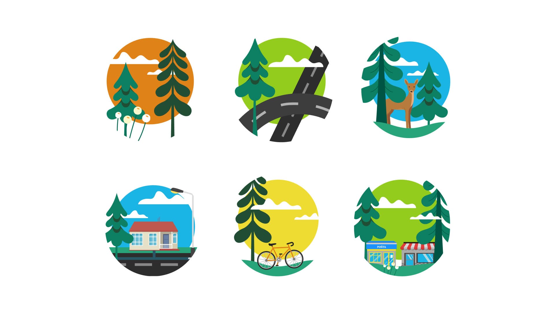 Illustrated icon set: forest, road, nature, house, bike, shop